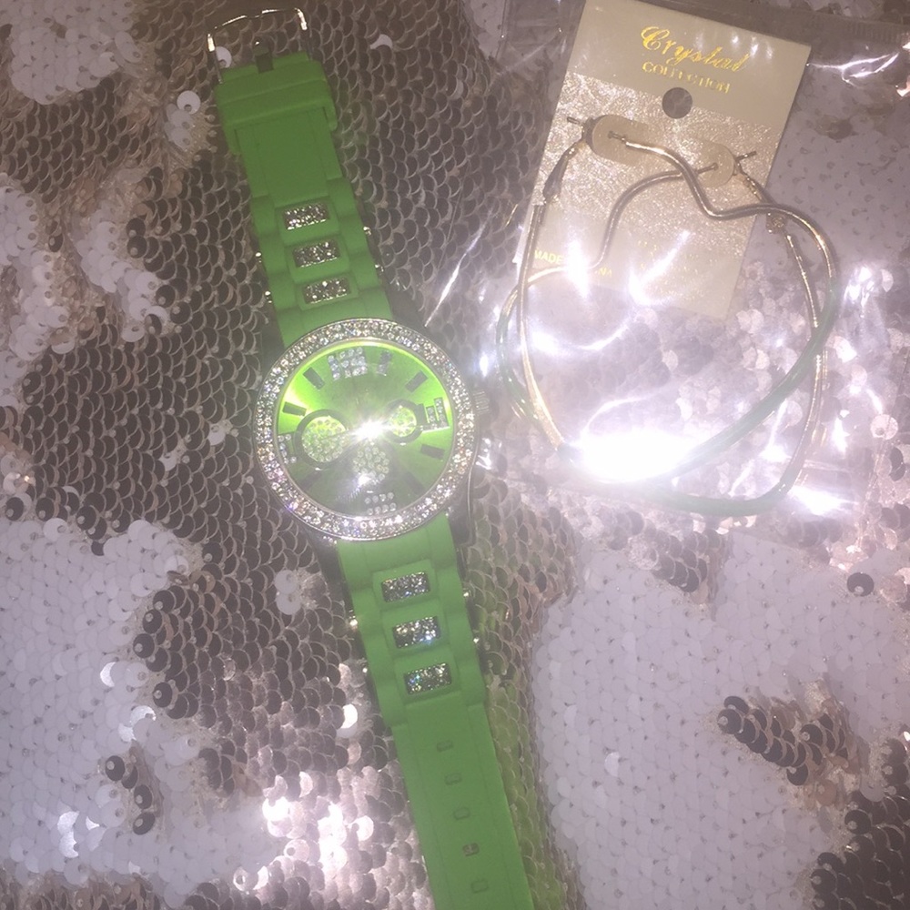 Green bling watch and earring set